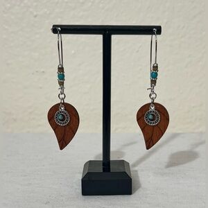 NWOT Wooden Copper Beaded Leaf Earrings